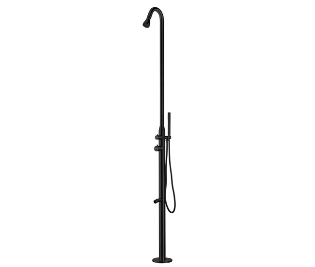 Conforama Sined Stintino Estructura de la ducha al aire libre y grifos en acero inoxidable AISI 316L marino. Negro mate Ducha con entrada de agua caliente y fría con desviador para cabezal de ducha giratorio Lavapies y teleduch