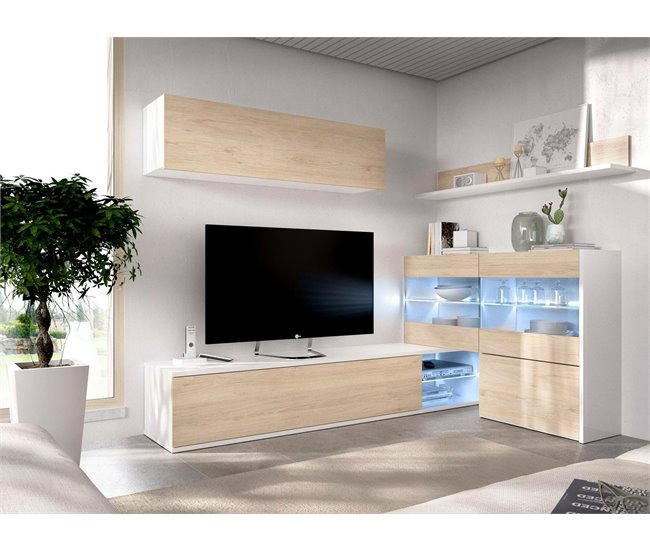 Conforama Sistema De Pared Daade Conjunto De Salón Modular De Esquina Mueble De Salón Multiposición Con Luz LED 260x41h180 Cm Roble Y Blanco
