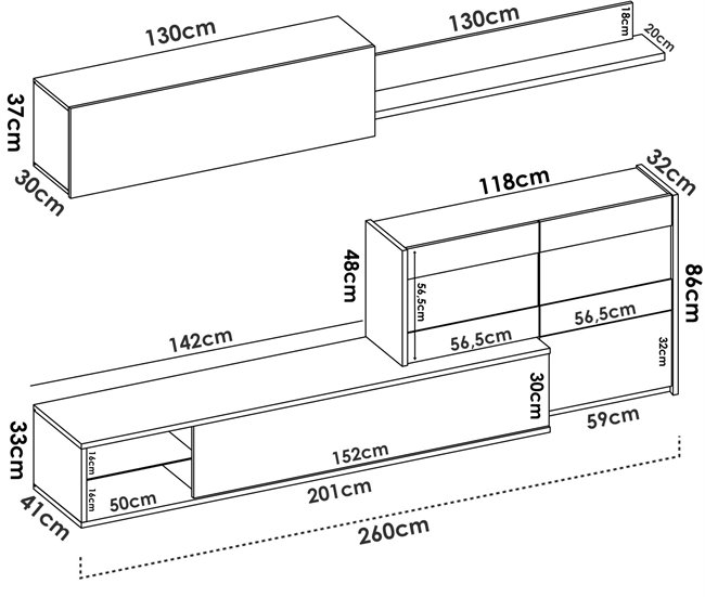 Conforama Sistema De Pared Daade Conjunto De Salón Modular De Esquina Mueble De Salón Multiposición Con Luz LED 260x41h180 Cm Roble Y Blanco