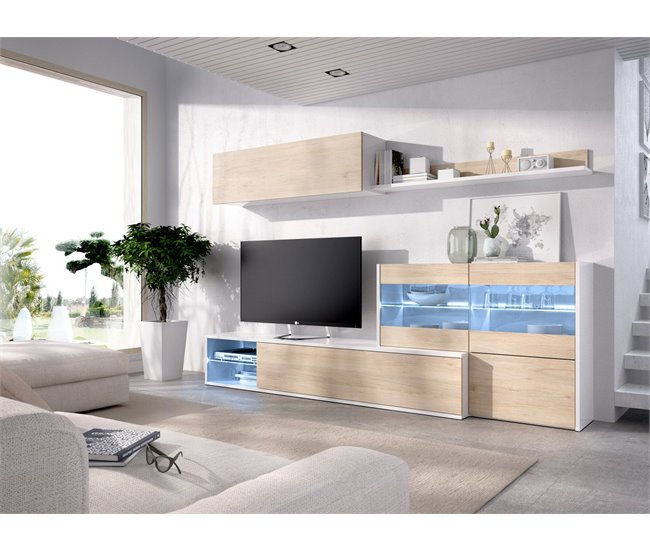 Conforama Sistema De Pared Daade Conjunto De Salón Modular De Esquina Mueble De Salón Multiposición Con Luz LED 260x41h180 Cm Roble Y Blanco
