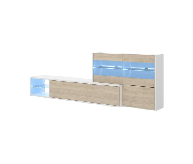 Conforama Sistema de pared Daade Conjunto de salón modular de esquina Mueble de salón multiposición con luz LED 260x41h180 cm Roble y Blanco