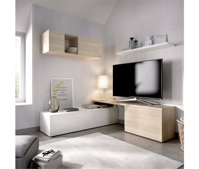 Conforama Sistema De Pared Dagnell Conjunto De Salón Modular De Esquina Mueble De Salón Con Soporte Para TV Multiposición 201x41h180 Cm Blanco Y Roble