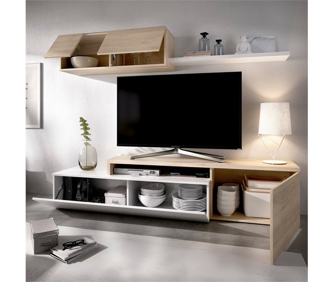Conforama Sistema De Pared Dagnell Conjunto De Salón Modular De Esquina Mueble De Salón Con Soporte Para TV Multiposición 201x41h180 Cm Blanco Y Roble
