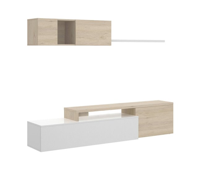Conforama Sistema de pared Dagnell Conjunto de salón modular de esquina Mueble de salón con soporte para TV multiposición 201x41h180 cm Blanco y Roble