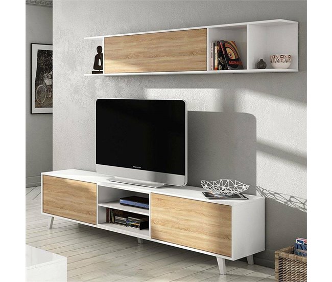 Conforama Sistema De Pared Darcole Mueble De Salón Con Soporte Para TV Composición De Salón Con Mueble Alto 180x41h51 Cm Blanco Y Roble