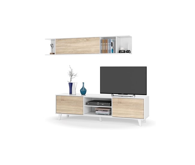 Conforama Sistema De Pared Darcole Mueble De Salón Con Soporte Para TV Composición De Salón Con Mueble Alto 180x41h51 Cm Blanco Y Roble