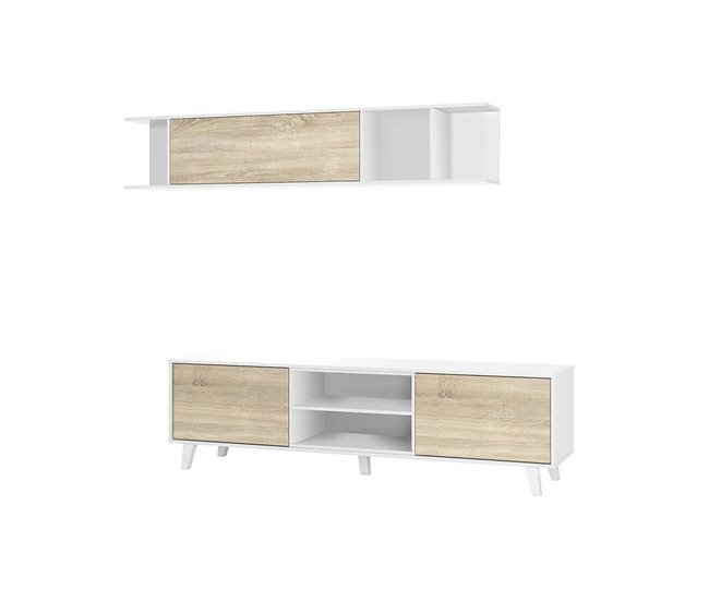 Conforama Sistema de pared Darcole mueble de salón con soporte para TV Composición de salón con mueble alto 180x41h51 cm Blanco y Roble