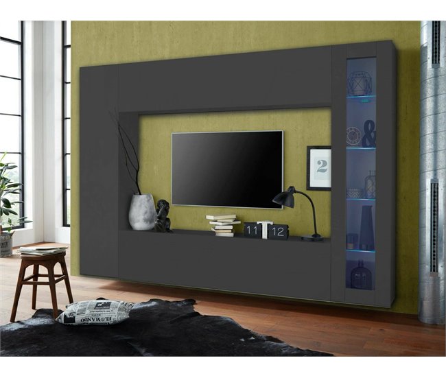 Conforama Sistema De Pared Dceid Juego De Salón Con Soporte Para TV Mueble De Salón Multiusos Con Vitrina Y Luz LED 100% Made In Italy 260x30h180 Cm Antracita