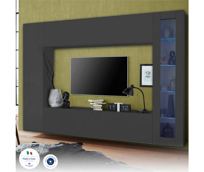 Conforama Sistema De Pared Dceid Juego De Salón Con Soporte Para TV Mueble De Salón Multiusos Con Vitrina Y Luz LED 100% Made In Italy 260x30h180 Cm Antracita