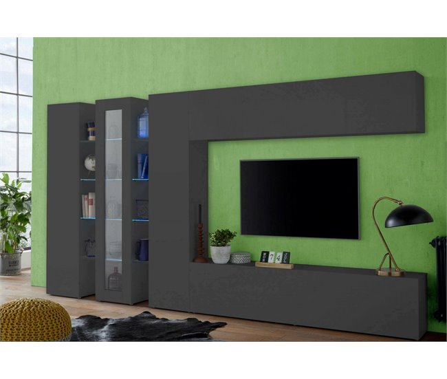 Conforama Sistema De Pared Dfilard Juego De Salón Con Soporte Para TV Mueble De Salón Con Vitrina Y Luz LED 100% Made In Italy 320x30h180 Cm Antracita