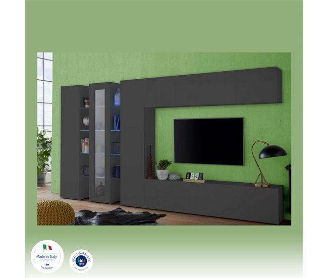 Conforama Sistema De Pared Dfilard Juego De Salón Con Soporte Para TV Mueble De Salón Con Vitrina Y Luz LED 100% Made In Italy 320x30h180 Cm Antracita