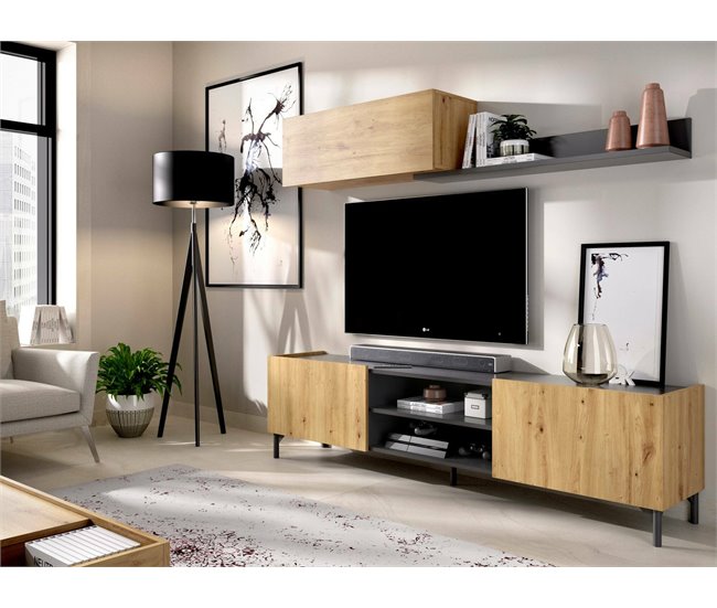 Conforama Sistema De Pared Dfuse Juego De Salón Con Soporte Para TV Mueble De Salón Multiusos 182x35h180 Cm Roble Nudoso Y Antracita