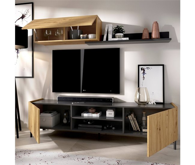 Conforama Sistema De Pared Dfuse Juego De Salón Con Soporte Para TV Mueble De Salón Multiusos 182x35h180 Cm Roble Nudoso Y Antracita