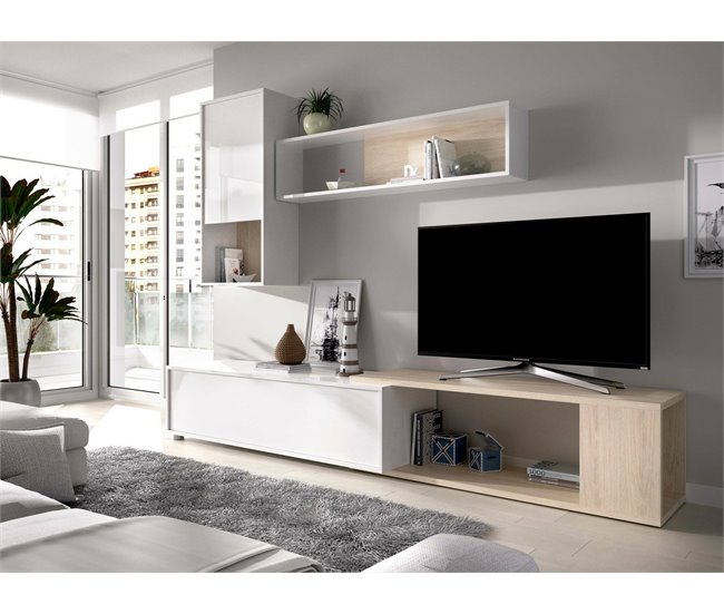 Conforama Sistema De Pared Dgam Conjunto De Salón Modular De Esquina Mueble De Salón Multiposición 230x41h180 Cm Blanco Y Roble