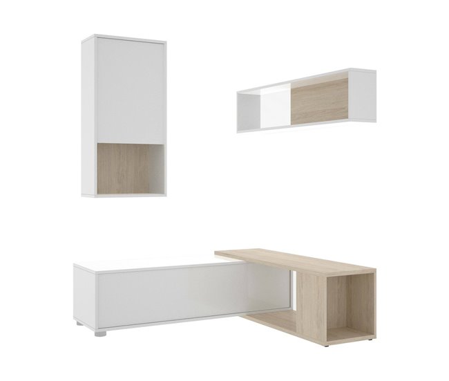Conforama Sistema De Pared Dgam Conjunto De Salón Modular De Esquina Mueble De Salón Multiposición 230x41h180 Cm Blanco Y Roble