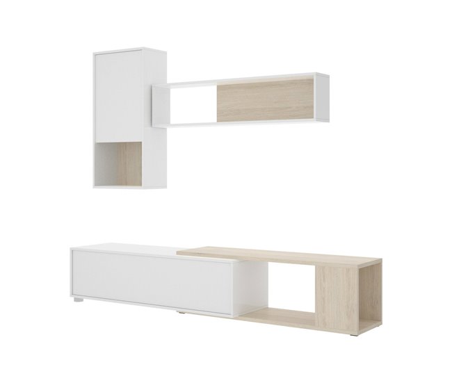 Conforama Sistema de pared Dgam Conjunto de salón modular de esquina Mueble de salón multiposición 230x41h180 cm Blanco y Roble