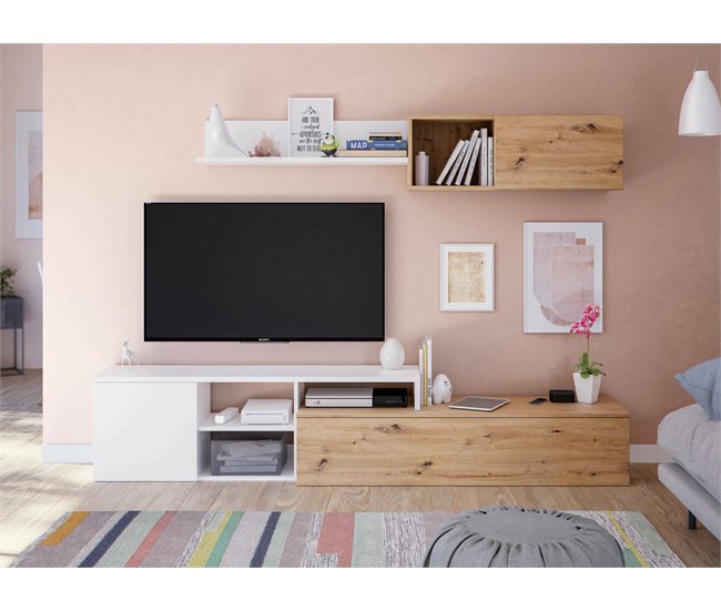 Conforama Sistema De Pared Dianes Mueble De Salón Con Soporte Para TV Reversible Composición De Salón Con Mueble Alto Y Estante 220x40h44 Cm Roble Efecto Nudo Y Blanco
