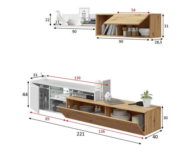 Conforama Sistema De Pared Dianes Mueble De Salón Con Soporte Para TV Reversible Composición De Salón Con Mueble Alto Y Estante 220x40h44 Cm Roble Efecto Nudo Y Blanco