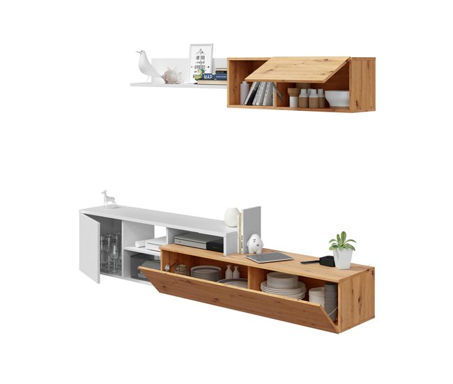 Conforama Sistema De Pared Dianes Mueble De Salón Con Soporte Para TV Reversible Composición De Salón Con Mueble Alto Y Estante 220x40h44 Cm Roble Efecto Nudo Y Blanco