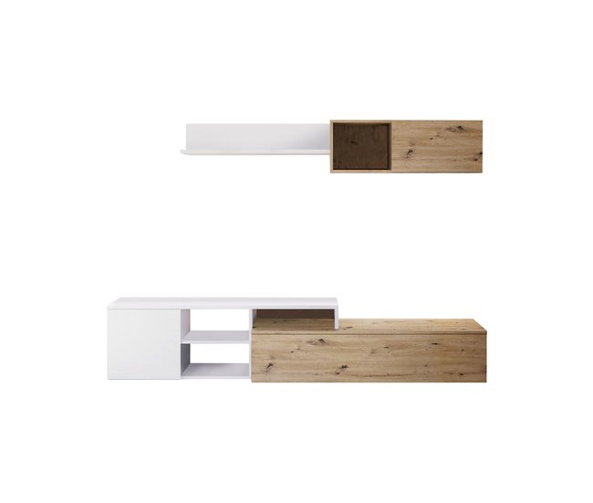 Conforama Sistema de pared Dianes Mueble de salón con soporte para TV reversible Composición de salón con mueble alto y estante 220x40h44 cm Roble efecto nudo y Blanco