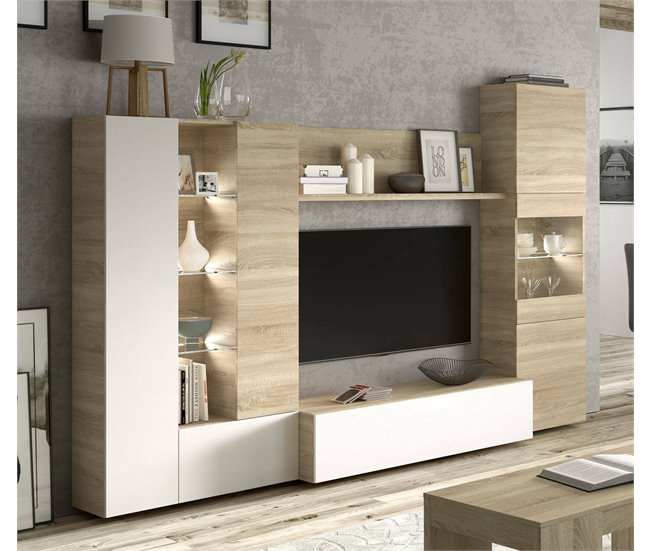 Conforama Sistema De Pared Dmaj Mueble De Salón Con Soporte Para TV Modular Composición De Salón Con Muebles Altos Vitrinas Y Luz LED 260x42h185 Cm Roble Y Blanco