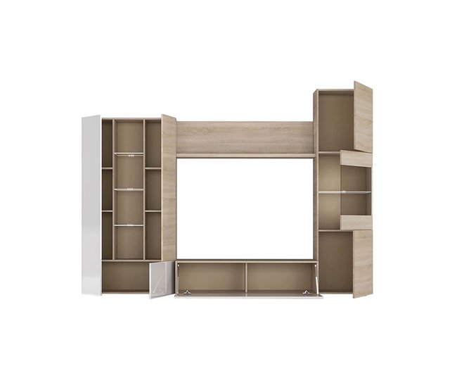 Conforama Sistema De Pared Dmaj Mueble De Salón Con Soporte Para TV Modular Composición De Salón Con Muebles Altos Vitrinas Y Luz LED 260x42h185 Cm Roble Y Blanco