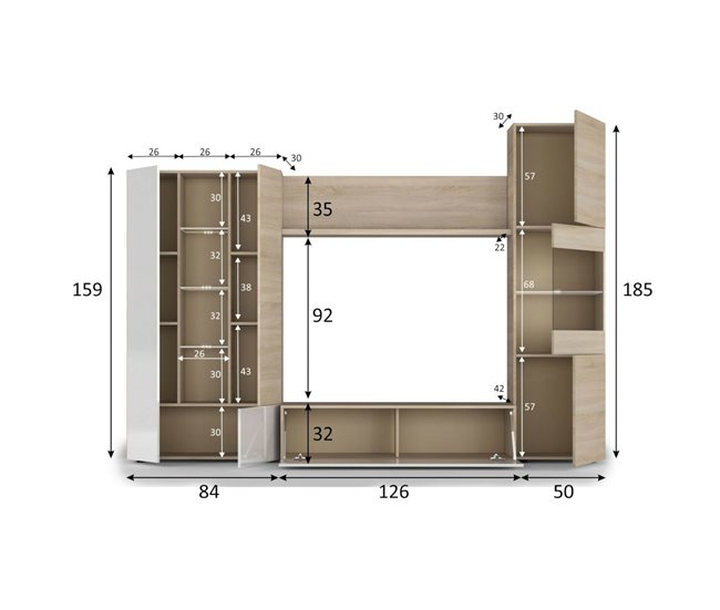 Conforama Sistema De Pared Dmaj Mueble De Salón Con Soporte Para TV Modular Composición De Salón Con Muebles Altos Vitrinas Y Luz LED 260x42h185 Cm Roble Y Blanco