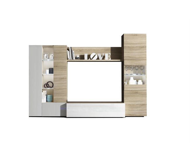 Conforama Sistema de pared Dmaj Mueble de salón con soporte para TV modular Composición de salón con muebles altos vitrinas y luz LED 260x42h185 cm Roble y Blanco