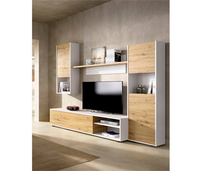 Conforama Sistema De Pared Dzuell Juego De Salón Con Soporte Para TV Mueble De Salón Multiusos 220x41h180 Cm Roble Anudado Y Blanco