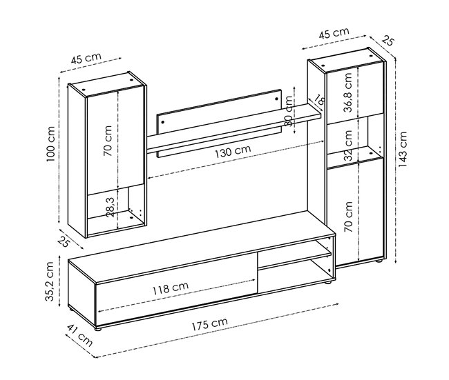 Conforama Sistema De Pared Dzuell Juego De Salón Con Soporte Para TV Mueble De Salón Multiusos 220x41h180 Cm Roble Anudado Y Blanco