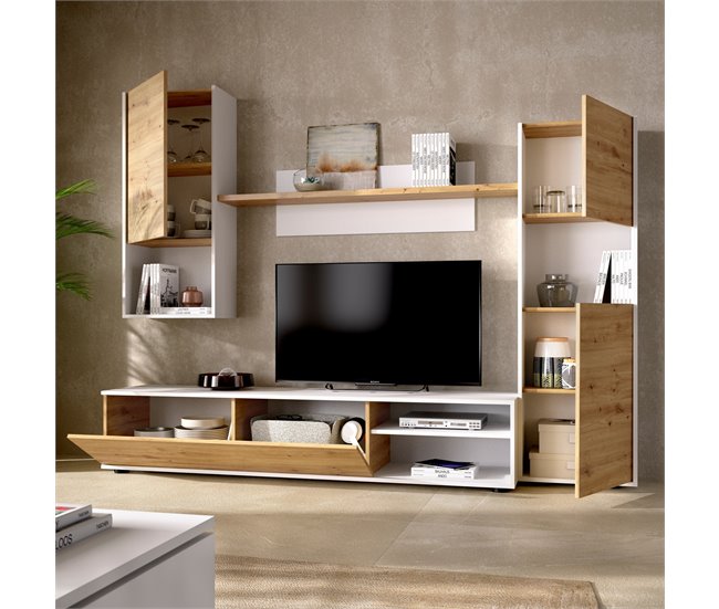 Conforama Sistema De Pared Dzuell Juego De Salón Con Soporte Para TV Mueble De Salón Multiusos 220x41h180 Cm Roble Anudado Y Blanco