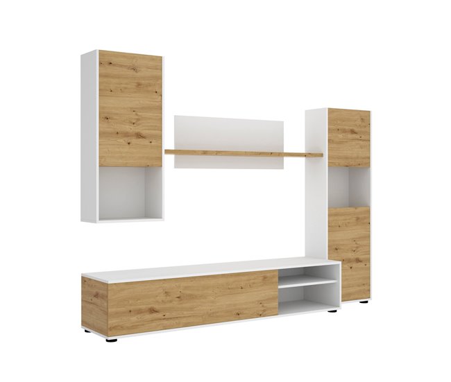 Conforama Sistema de pared Dzuell juego de salón con soporte para TV Mueble de salón multiusos 220x41h180 cm Roble anudado y blanco