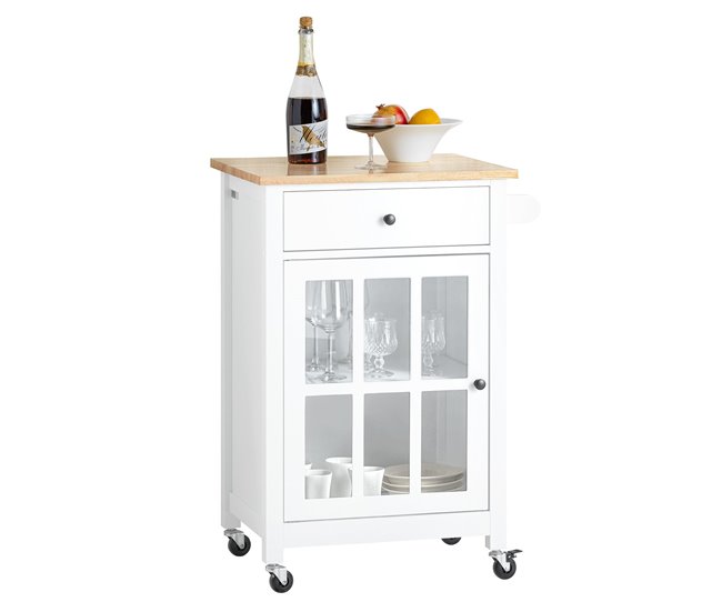 Conforama SoBuy FKW98-WN Carrito Auxiliar de Cocina con 1 Puerta de Vidrio Blanco