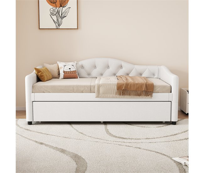 Conforama Sofá Cama 90x200cm + Cama Nido 90x190cm - Acolchado En Tejido De Lino - Beige (colchón No Incluido)