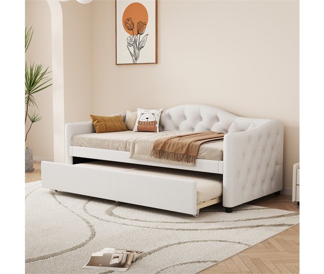 Conforama Sofá Cama 90x200cm + Cama Nido 90x190cm - Acolchado En Tejido De Lino - Beige (colchón No Incluido)
