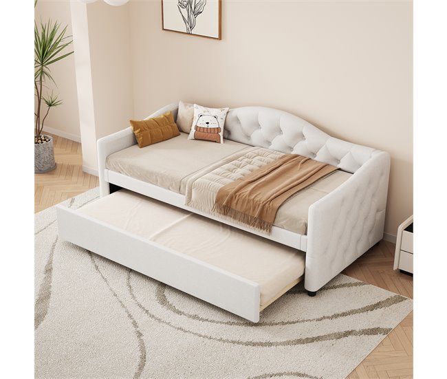 Conforama Sofá Cama 90x200cm + Cama Nido 90x190cm - Acolchado En Tejido De Lino - Beige (colchón No Incluido)
