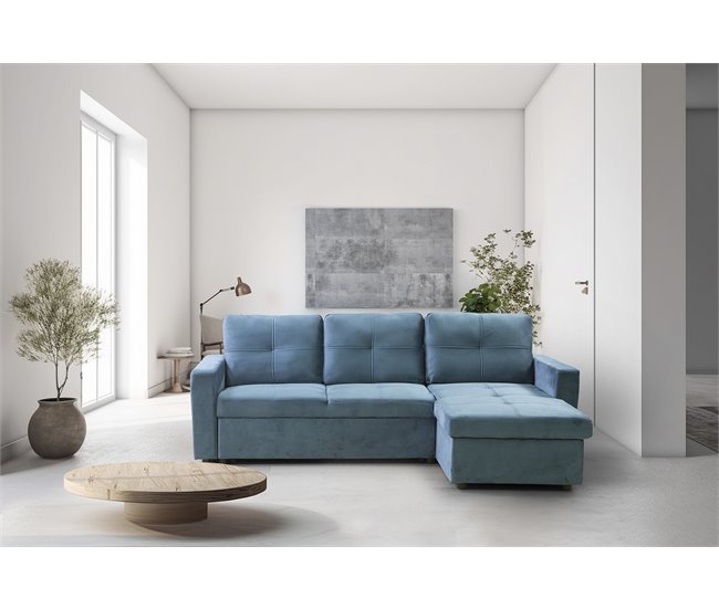 Conforama Sofá Cama Con Arcón Y Chaise Longue PAU 215x135CM 3 Plazas Azul Terciopelo
