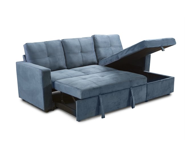 Conforama Sofá Cama Con Arcón Y Chaise Longue PAU 215x135CM 3 Plazas Azul Terciopelo