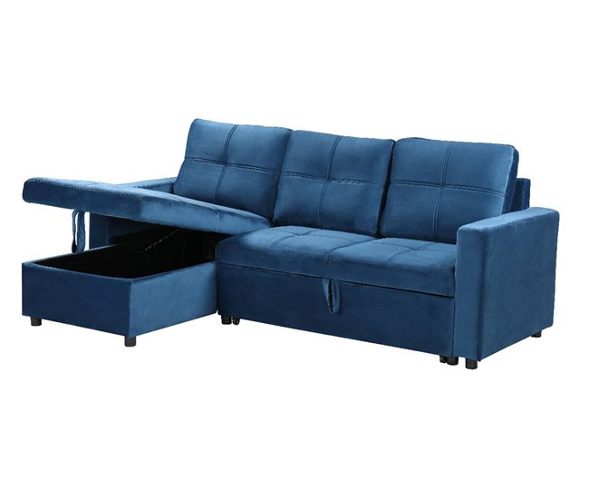 Conforama Sofá Cama Con Arcón y Chaise Longue PAU 215x135CM 3 Plazas Azul Terciopelo