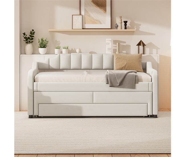 Conforama Sofá Cama Con Cajones Acolchado De Lino - 90x200cm + 90x190cm - Beige