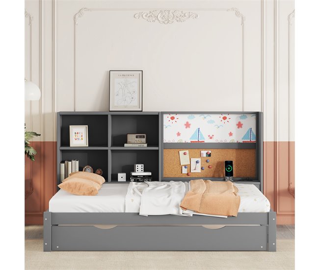Conforama Sofá Cama Con Cama Nido - 90x200 Cm - Con Tablero De Dibujo Y Compartimentos De Almacenamiento - Gris