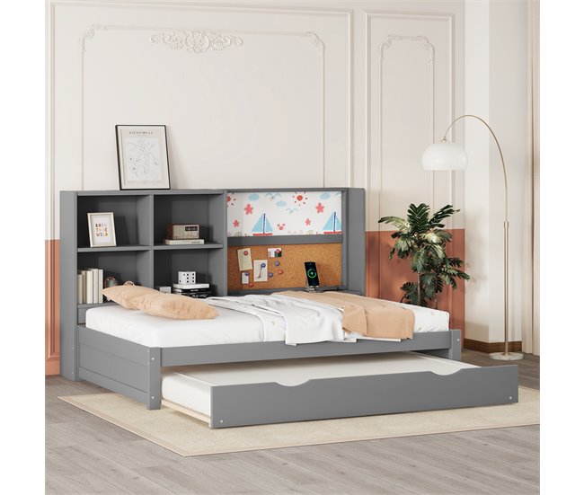 Conforama Sofá Cama Con Cama Nido - 90x200 Cm - Con Tablero De Dibujo Y Compartimentos De Almacenamiento - Gris