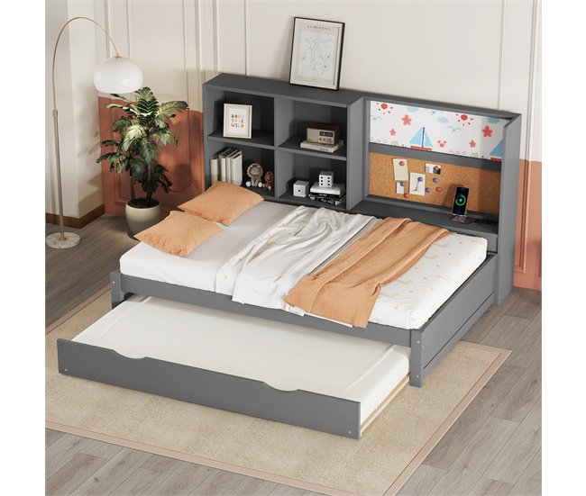 Conforama Sofá Cama Con Cama Nido - 90x200 Cm - Con Tablero De Dibujo Y Compartimentos De Almacenamiento - Gris