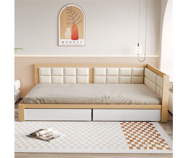 Conforama Sofá Cama Tapizado 140x200 Cm - Con 2 Cajones Y Somier - Natural Y Blanco