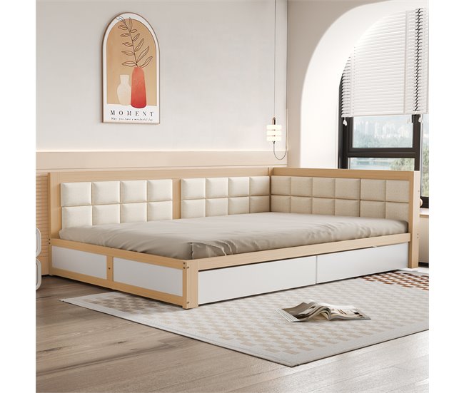 Conforama Sofá Cama Tapizado 140x200 Cm - Con 2 Cajones Y Somier - Natural Y Blanco
