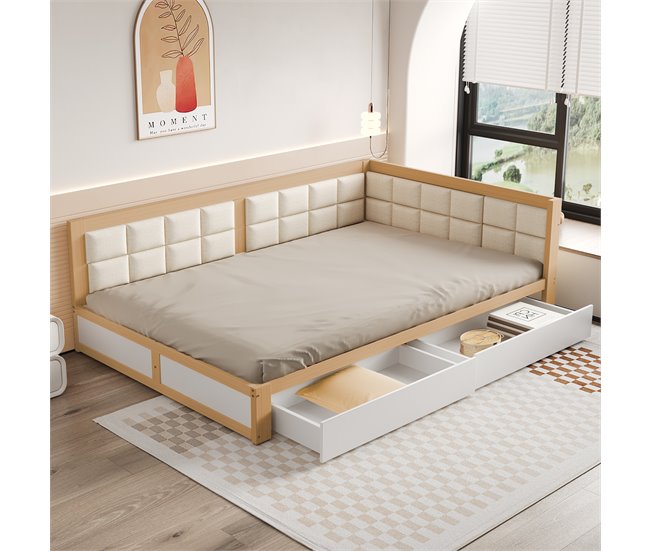 Conforama Sofá Cama Tapizado 140x200 Cm - Con 2 Cajones Y Somier - Natural Y Blanco