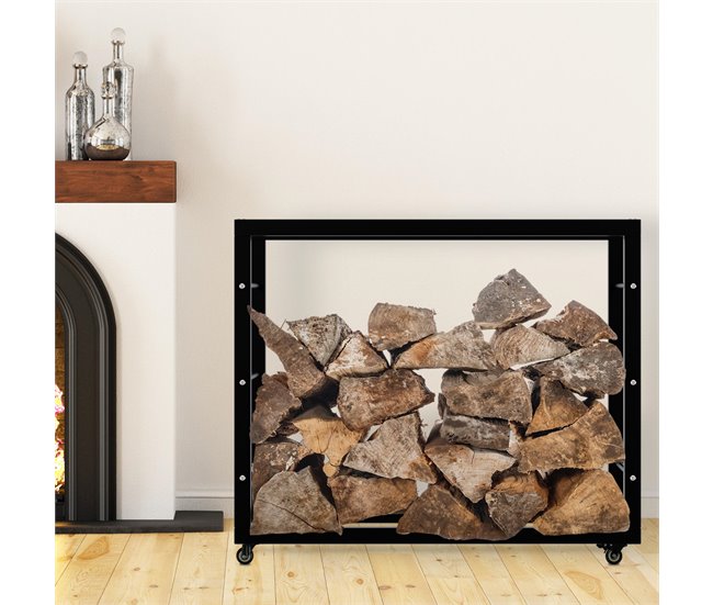 Conforama Soporte Para Leña Keri Con Ruedas Metal Negro 25X100X80 Cm