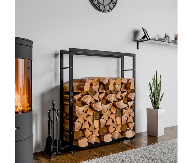 Conforama Soporte Para Leña Keri Con Ruedas Metal Negro 25X100X125 Cm