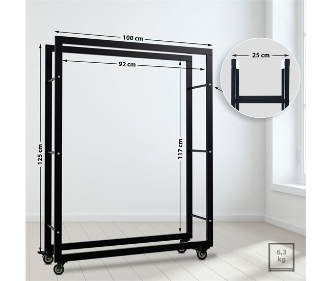 Conforama Soporte Para Leña Keri Con Ruedas Metal Negro 25X100X125 Cm