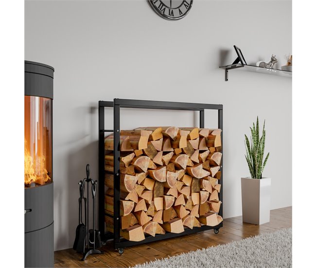 Conforama Soporte Para Leña Keri Con Ruedas Metal Negro 25X100X100 Cm